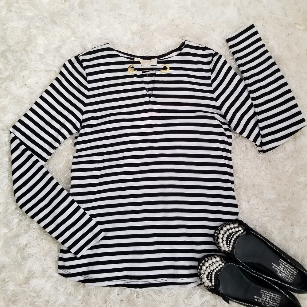 Michael Kors Black and White Stripe Long Sleeve Top Size Small